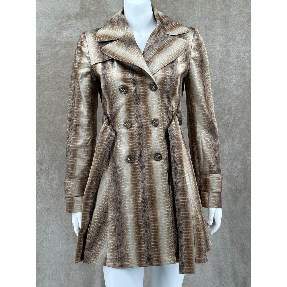Helene Berman Coat Women Small Tan Animal Print Double Breasted Trench Statement